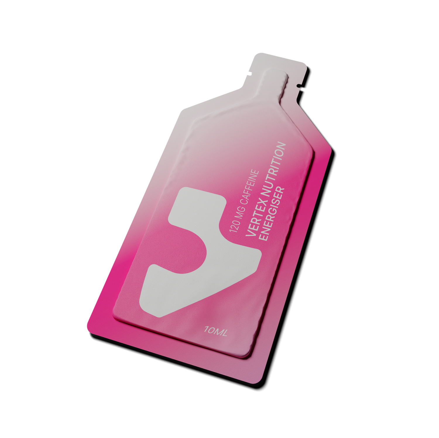 A tilted 10mL pink energy gel packet labeled "VERTEX NUTRITION ENERGISER" with 120mg caffeine, on a transparent background.