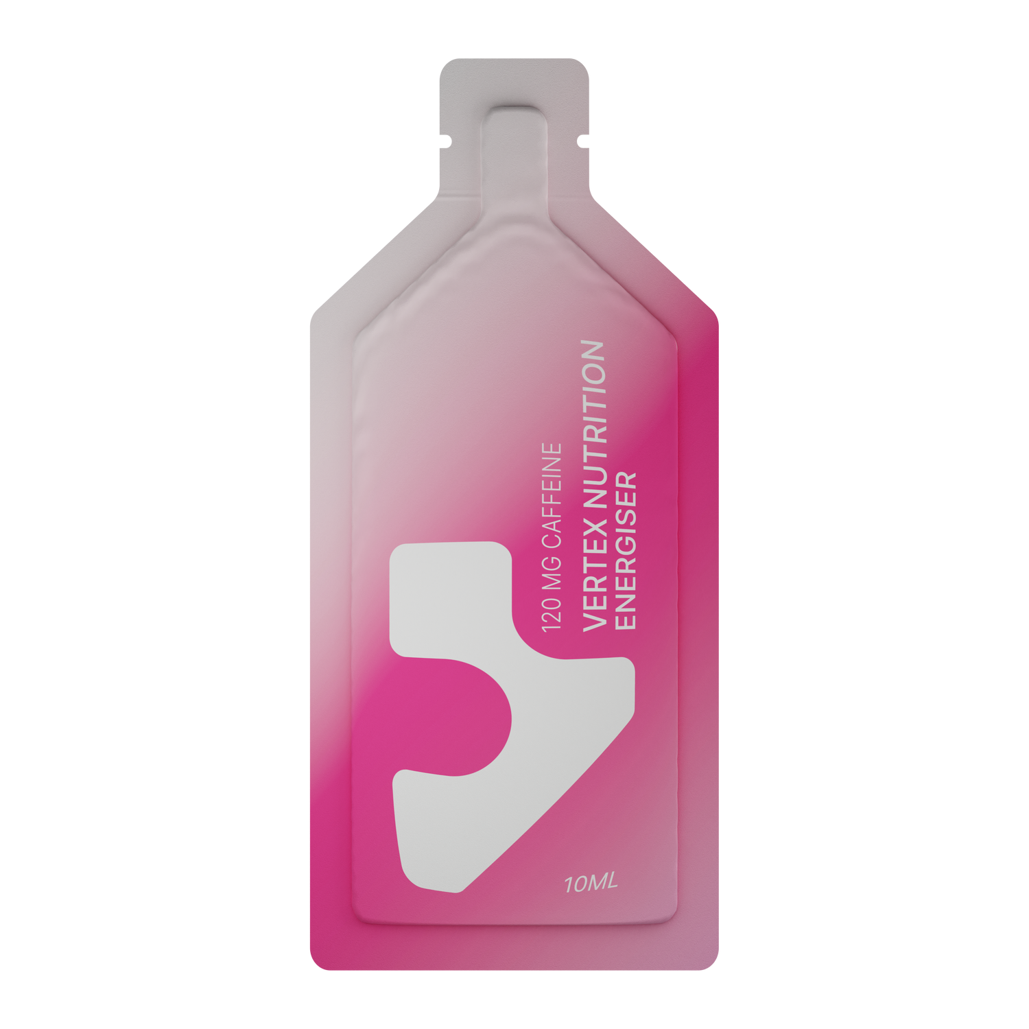 A 10mL pink energy gel packet labeled "VERTEX NUTRITION ENERGISER" with 120mg caffeine, on a transparent background.